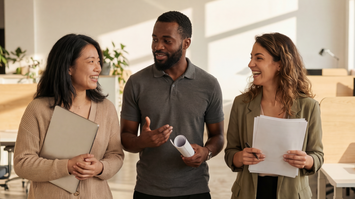 Three people having a conversation and laughing