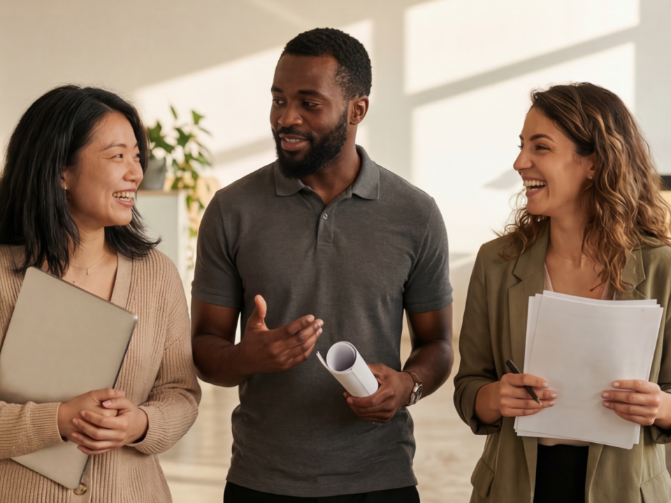 Three people having a conversation and laughing