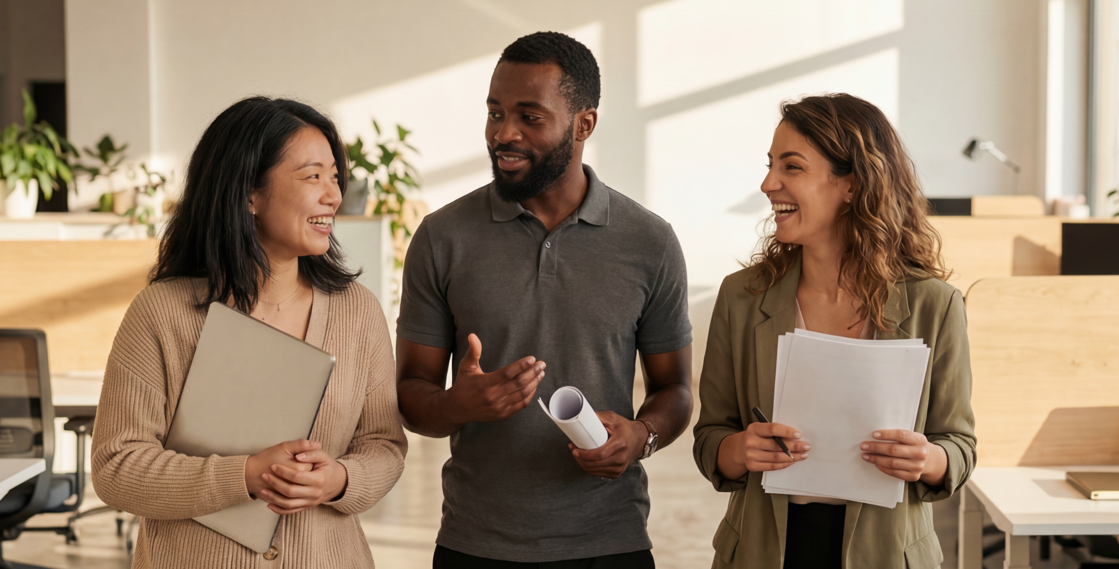 Three people having a conversation and laughing